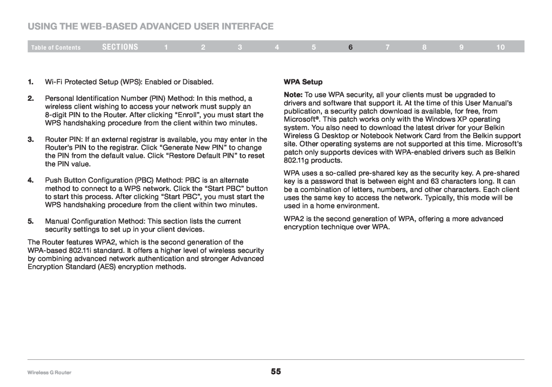 Belkin 8820NP00425, F5D7234NP4 user manual Using the Web-Based Advanced User Interface, sections, WPA Setup 