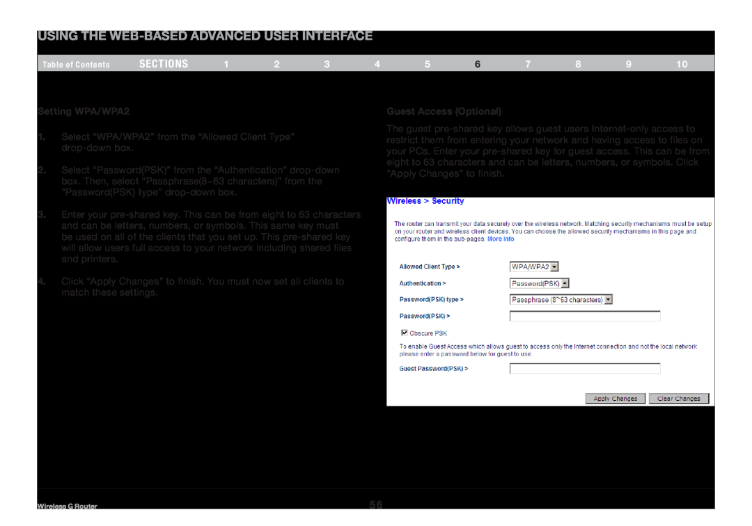 Belkin F5D7234NP4 Using the Web-Based Advanced User Interface, sections, Setting WPA/WPA2, Guest Access Optional 