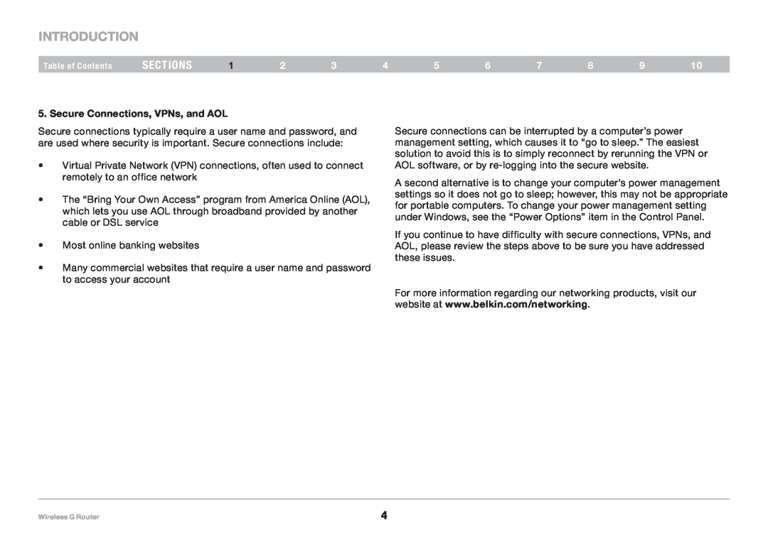 Belkin F5D7234NP4, 8820NP00425 user manual Introduction, sections, Secure Connections, VPNs, and AOL 