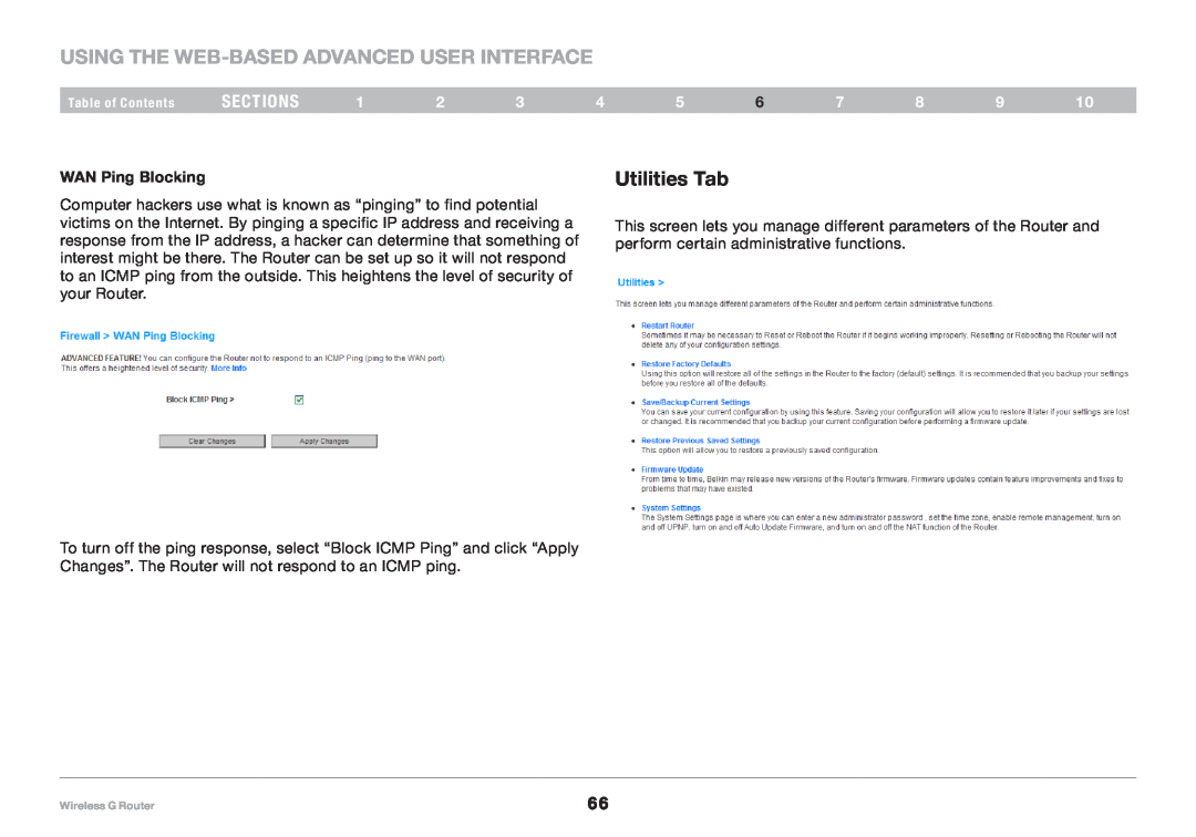 Belkin F5D7234NP4, 8820NP00425 Using the Web-Based Advanced User Interface, Utilities Tab, sections, WAN Ping Blocking 