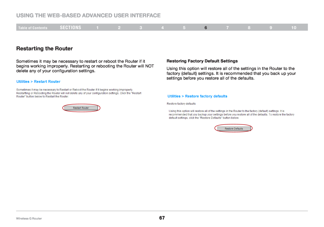 Belkin 8820NP00425, F5D7234NP4 user manual Using the Web-Based Advanced User Interface, Restarting the Router, sections 