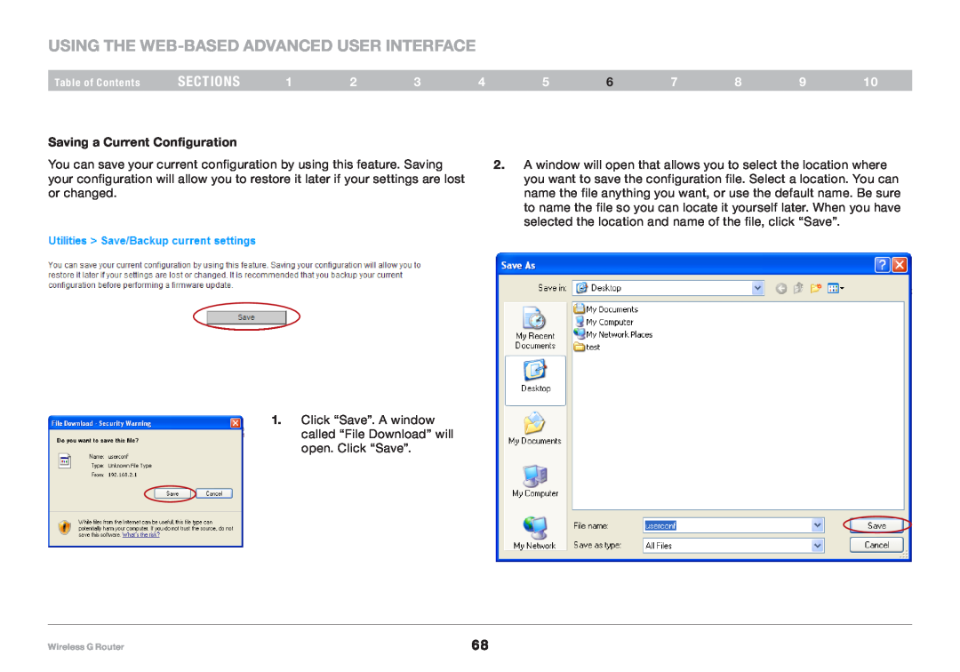 Belkin F5D7234NP4, 8820NP00425 Using the Web-Based Advanced User Interface, sections, Saving a Current Configuration 