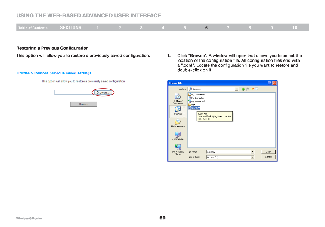 Belkin 8820NP00425, F5D7234NP4 Using the Web-Based Advanced User Interface, sections, Restoring a Previous Configuration 