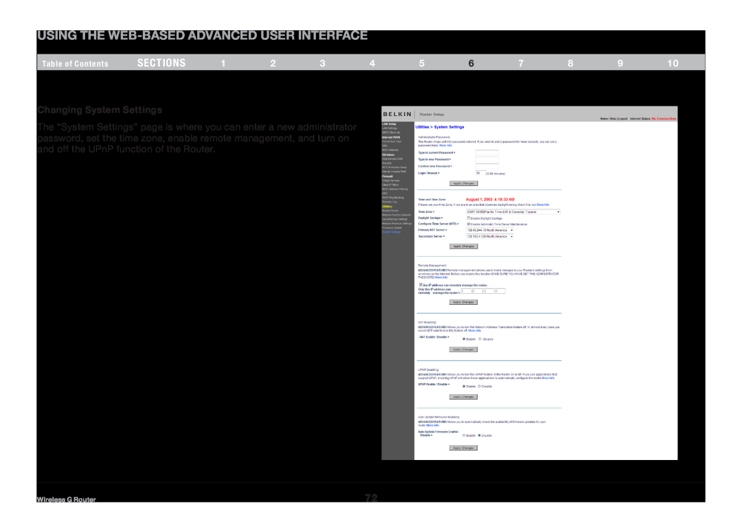 Belkin F5D7234NP4 Using the Web-Based Advanced User Interface, sections, Changing System Settings, Table of Contents 