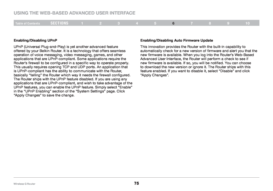 Belkin 8820NP00425, F5D7234NP4 user manual Using the Web-Based Advanced User Interface, sections, Enabling/Disabling UPnP 