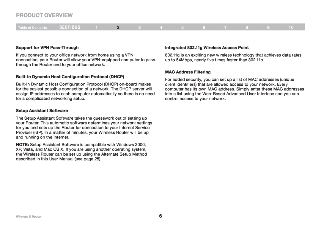 Belkin F5D7234NP4, 8820NP00425 Product Overview, sections, Support for VPN Pass-Through, Setup Assistant Software 