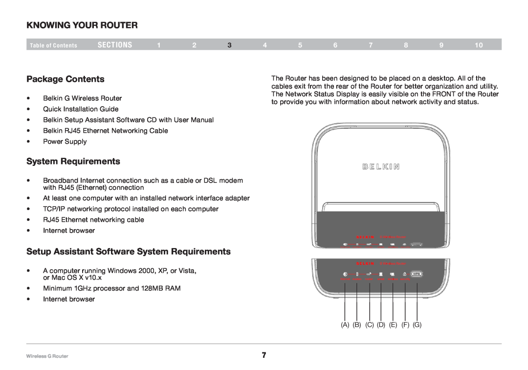 Belkin 8820NP00425, F5D7234NP4 user manual Knowing your Router, Package Contents, System Requirements, sections 