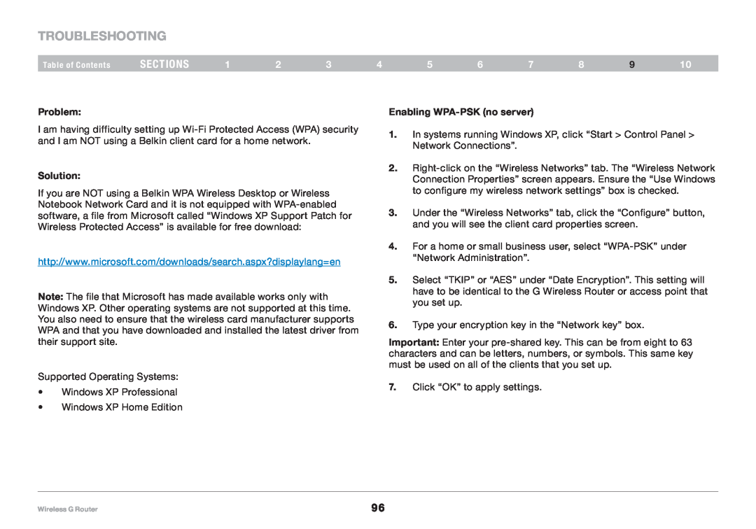 Belkin F5D7234NP4, 8820NP00425 user manual Troubleshooting, sections, Problem, Solution, Enabling WPA-PSK no server 