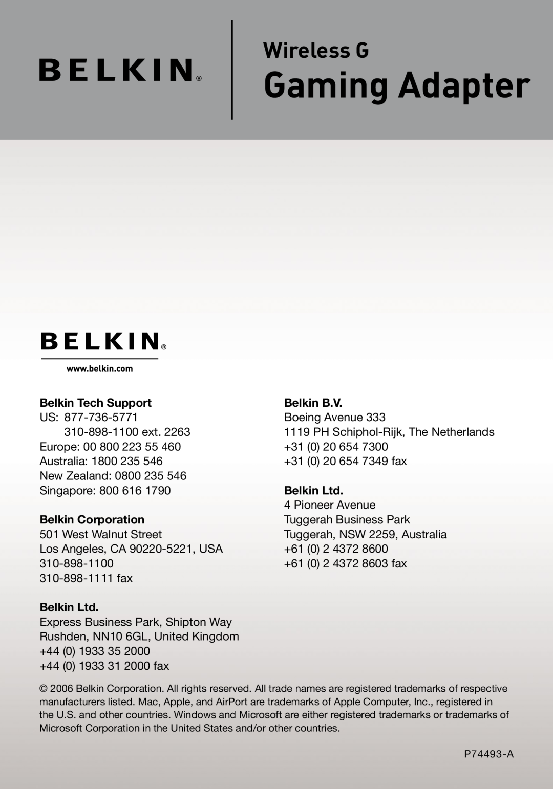 Belkin F5D7330 manual Gaming Adapter, Wireless G, Belkin Tech Support, Belkin B.V, Belkin Corporation 