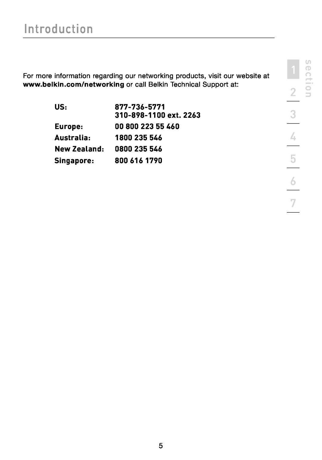 Belkin F5D7330 manual Europe, 00 800, Australia, 1800, New Zealand, 0800 235, Singapore, 800 616, Introduction, section 