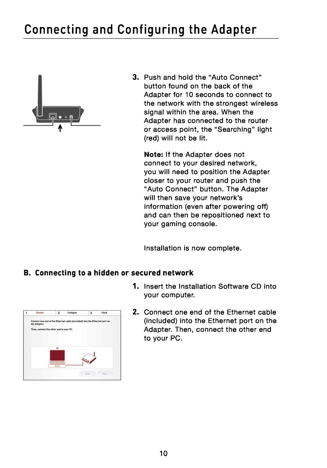 Belkin F5D7330 manual B. Connecting to a hidden or secured network, Connecting and Configuring the Adapter 