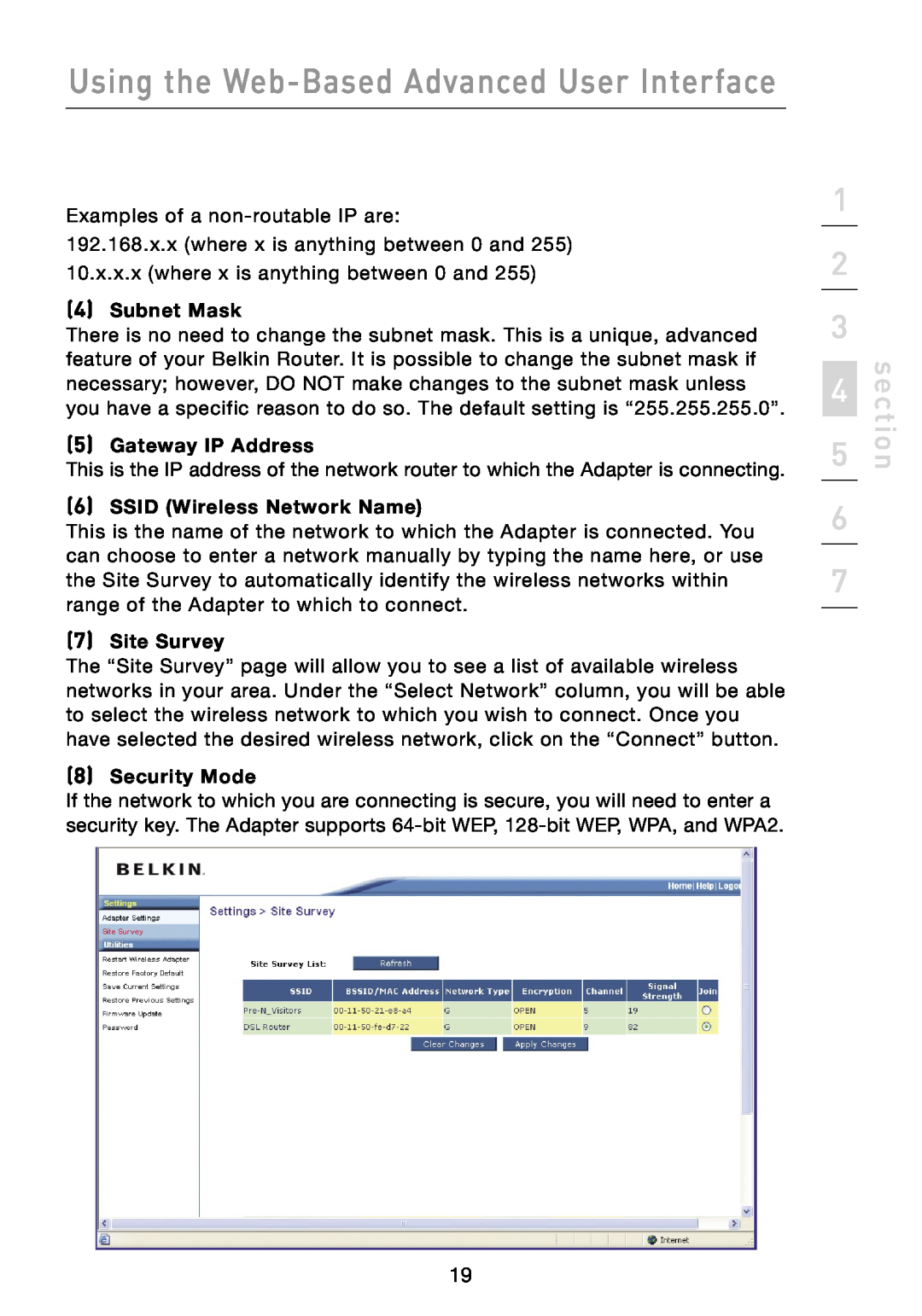 Belkin F5D7330 manual Using the Web-Based Advanced User Interface, section, Subnet Mask, Gateway IP Address, Site Survey 