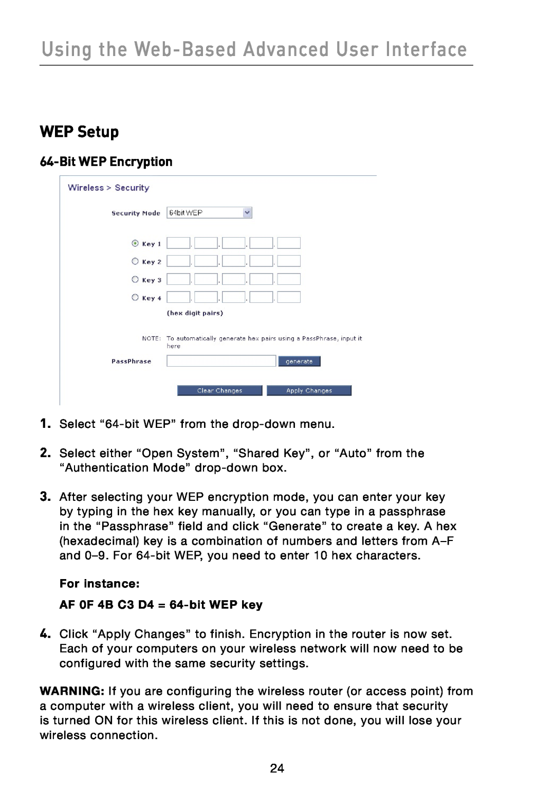 Belkin F5D7330 manual WEP Setup, Bit WEP Encryption, Using the Web-Based Advanced User Interface 