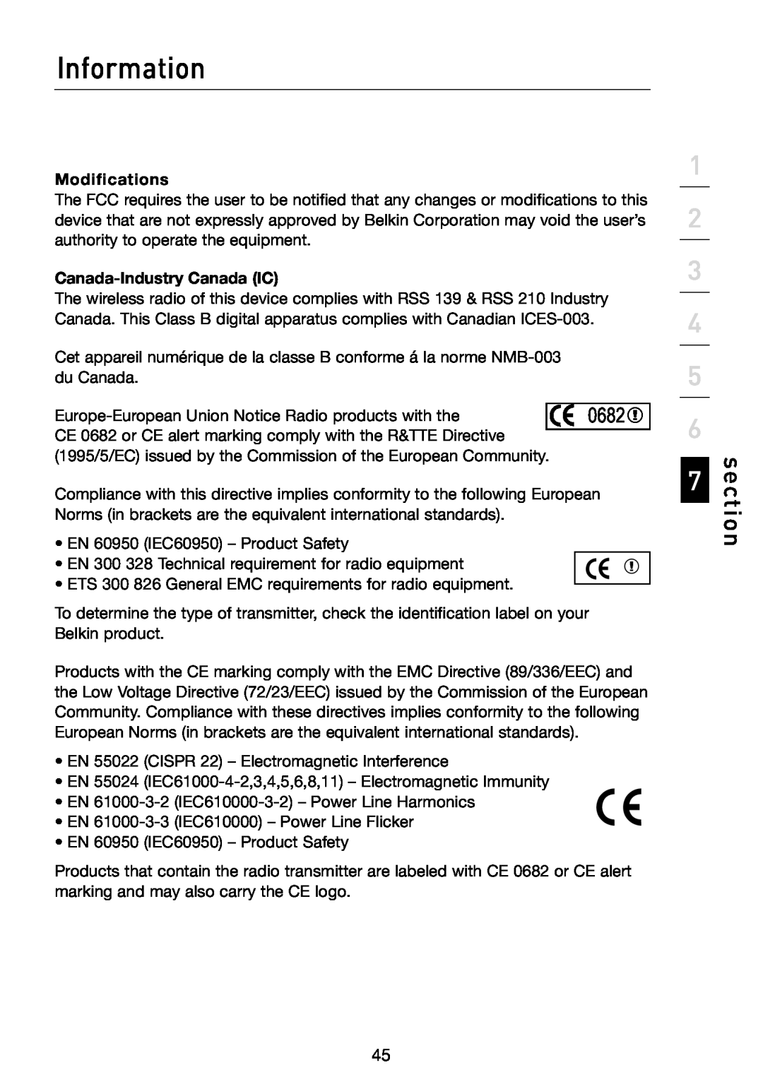 Belkin F5D7330 manual Information, section, Modifications, Canada-Industry Canada IC 