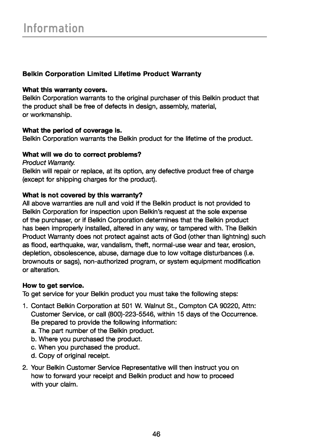 Belkin F5D7330 manual Information, Belkin Corporation Limited Lifetime Product Warranty, What this warranty covers 