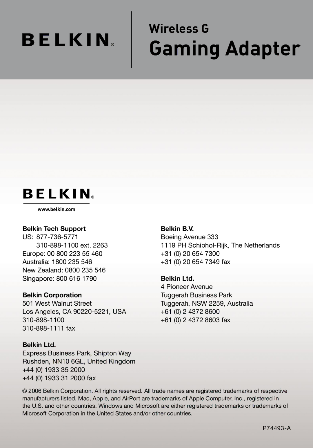 Belkin F5D7330 manual Belkin Tech Support Belkin B.V, Belkin Corporation 