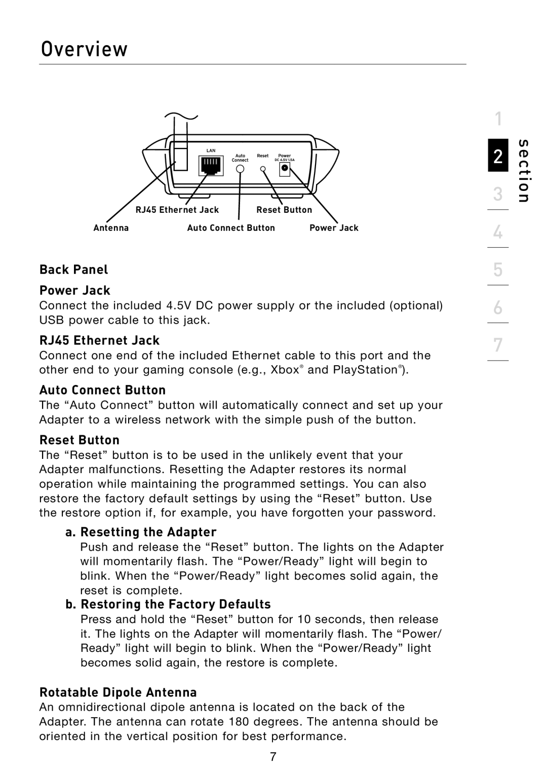 Belkin F5D7330 manual Back Panel Power Jack, RJ45 Ethernet Jack, Auto Connect Button, Reset Button, Resetting the Adapter 