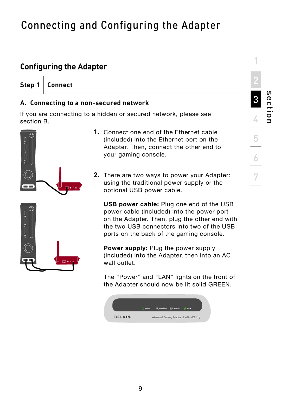 Belkin F5D7330 manual Connecting and Configuring the Adapter, Connect Connecting to a non-secured network 