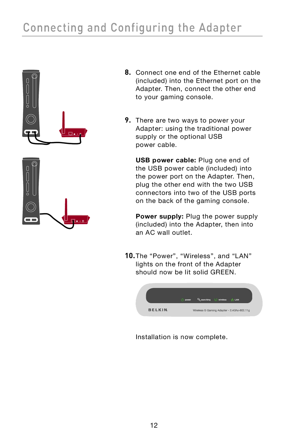 Belkin F5D7330 manual Connecting and Configuring the Adapter 