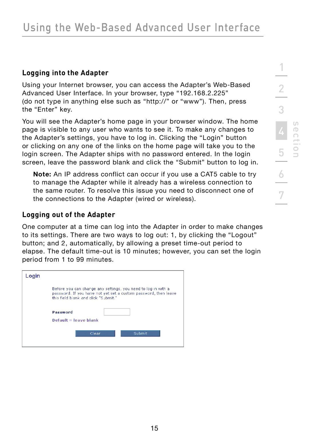 Belkin F5D7330 manual Logging into the Adapter, Logging out of the Adapter 