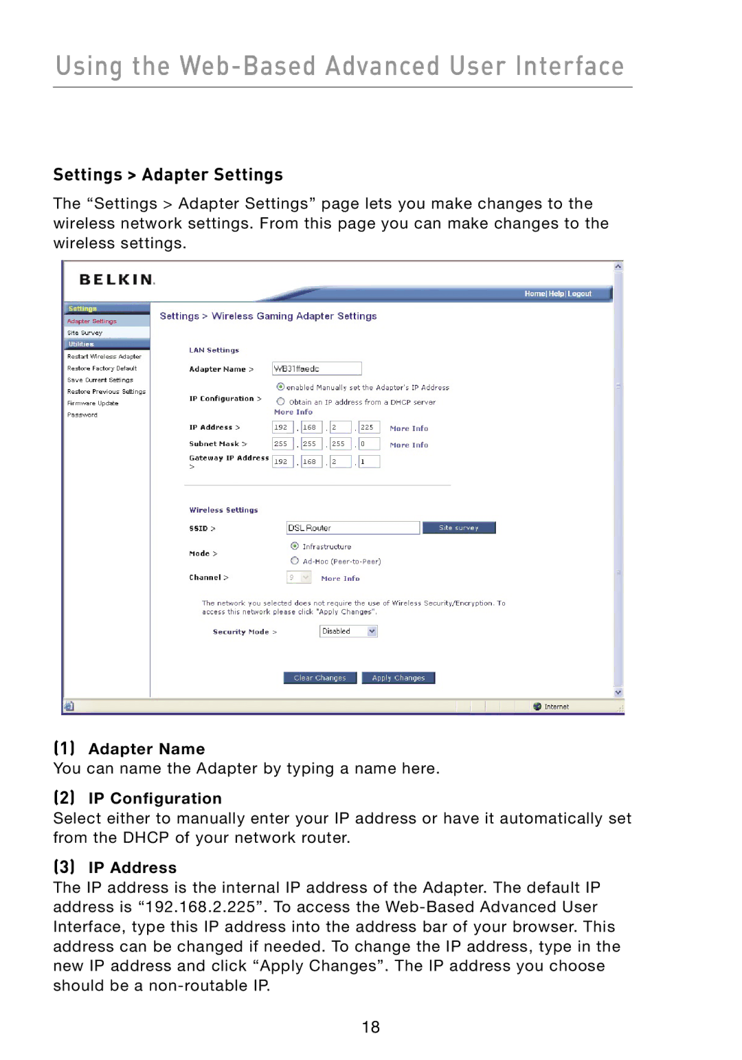 Belkin F5D7330 manual Settings Adapter Settings, Adapter Name, IP Configuration, IP Address 