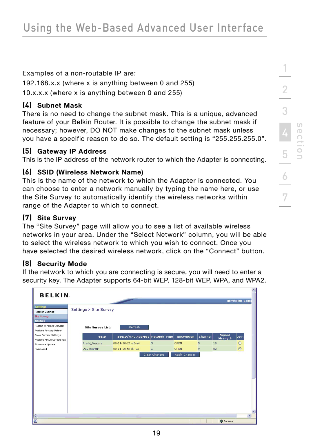 Belkin F5D7330 manual Subnet Mask, Gateway IP Address, Ssid Wireless Network Name, Site Survey, Security Mode 