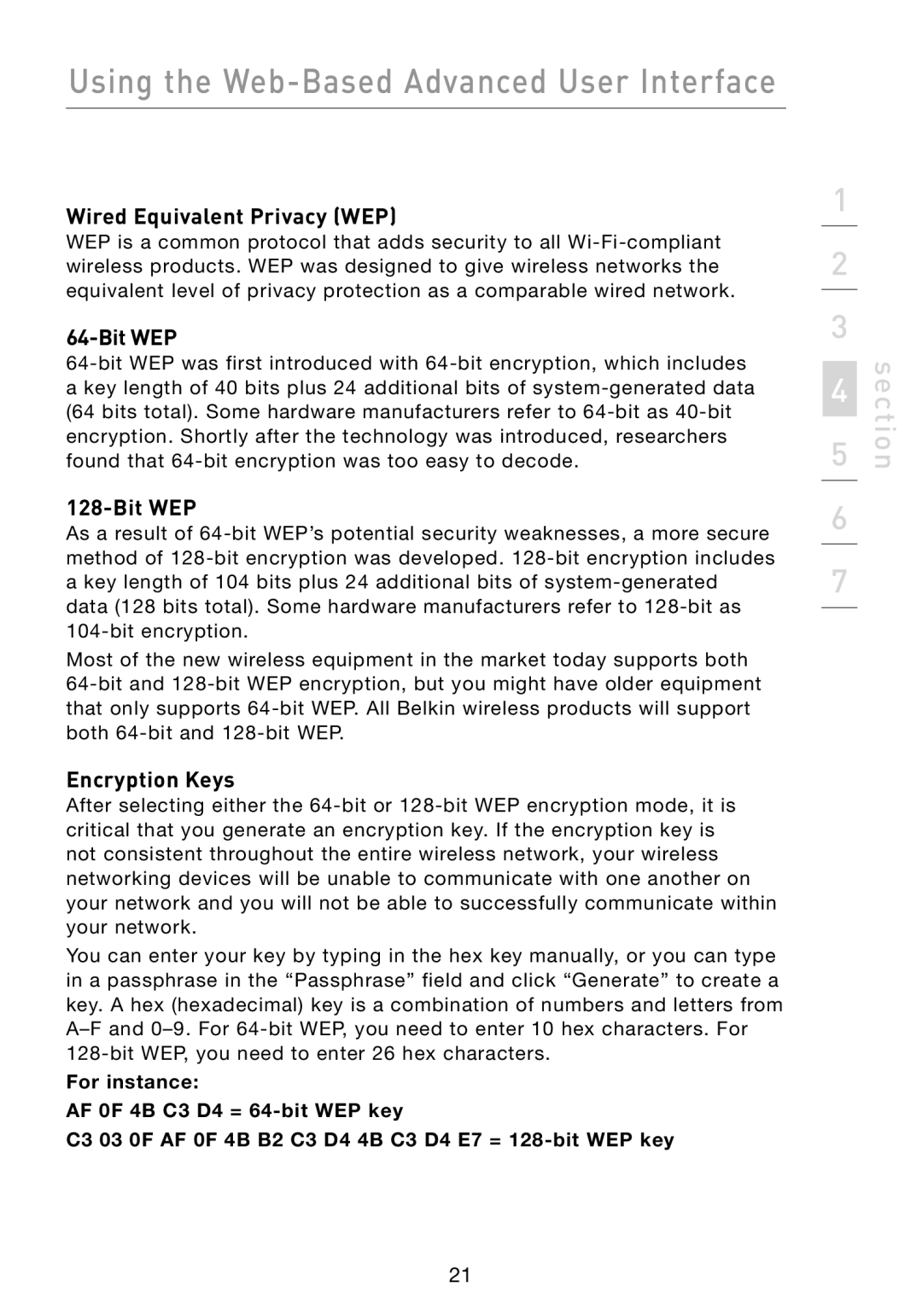 Belkin F5D7330 manual Wired Equivalent Privacy WEP, Bit WEP, Encryption Keys 