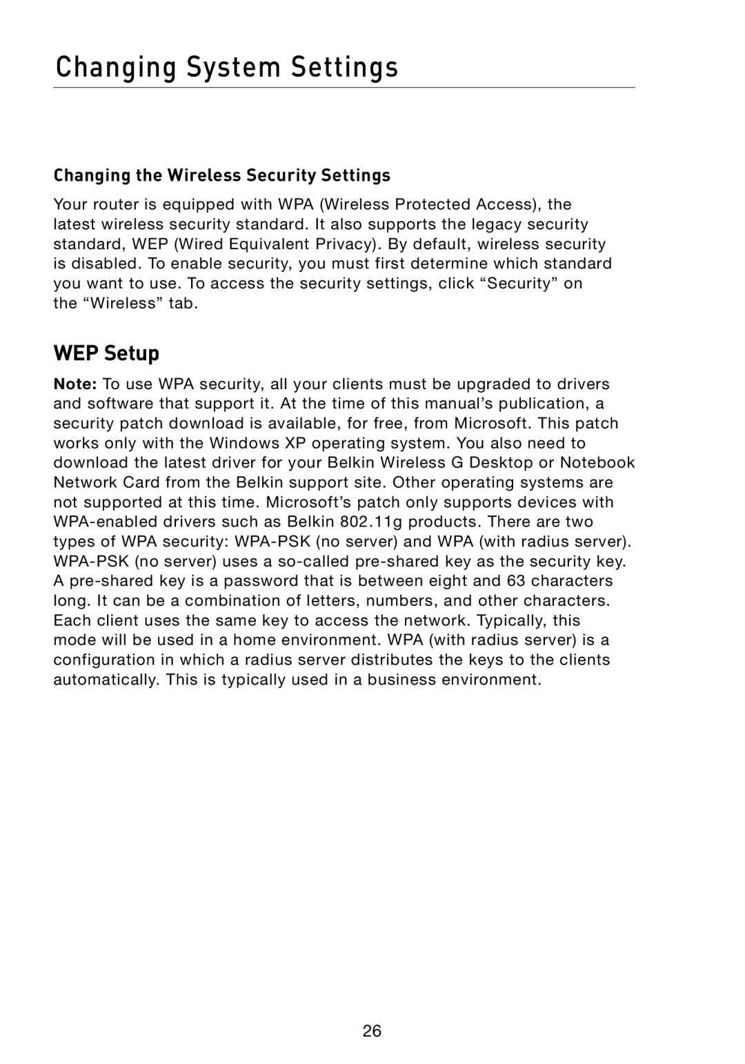 Belkin F5D7330 manual Changing System Settings, Changing the Wireless Security Settings 