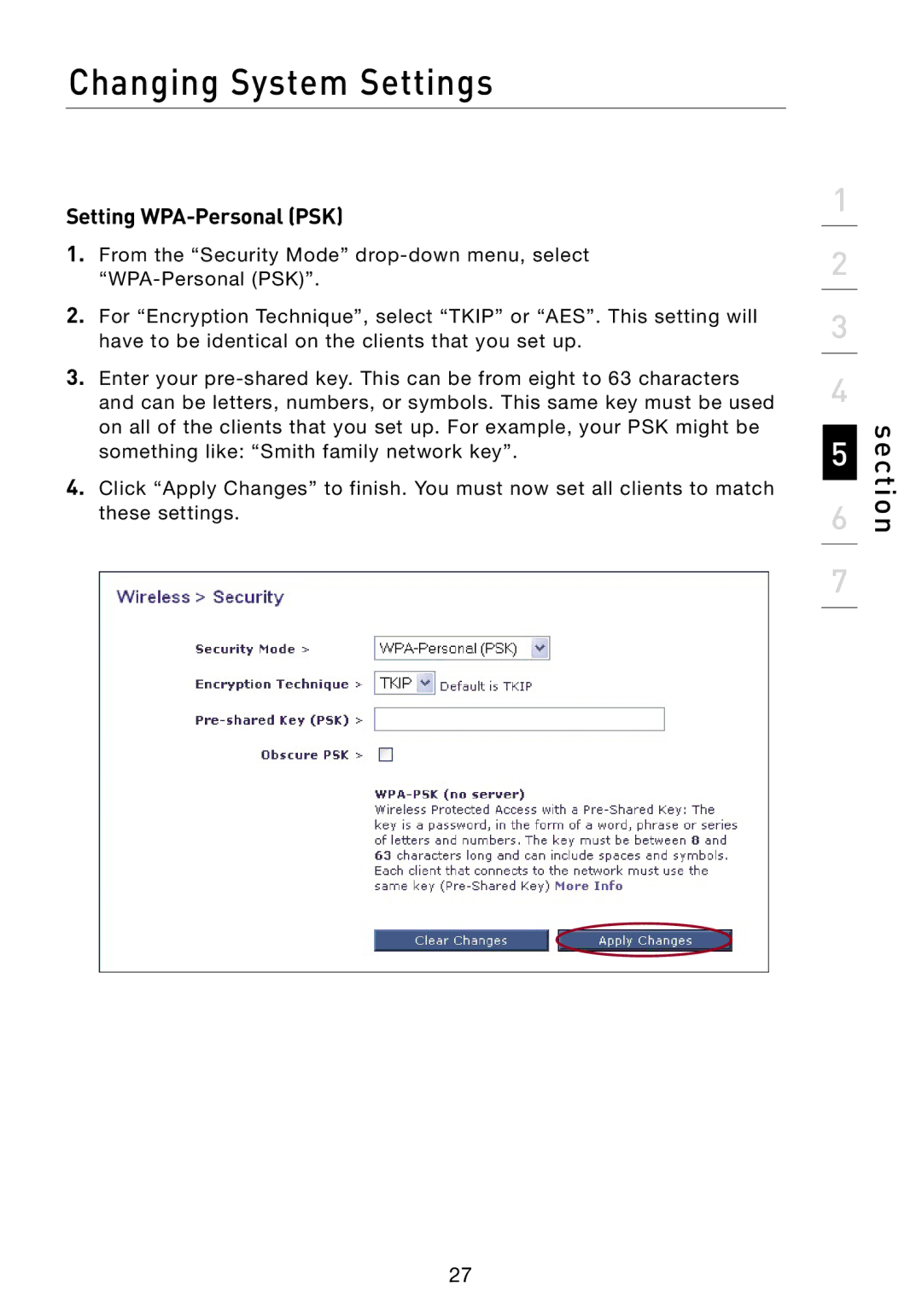 Belkin F5D7330 manual Setting WPA-Personal PSK 