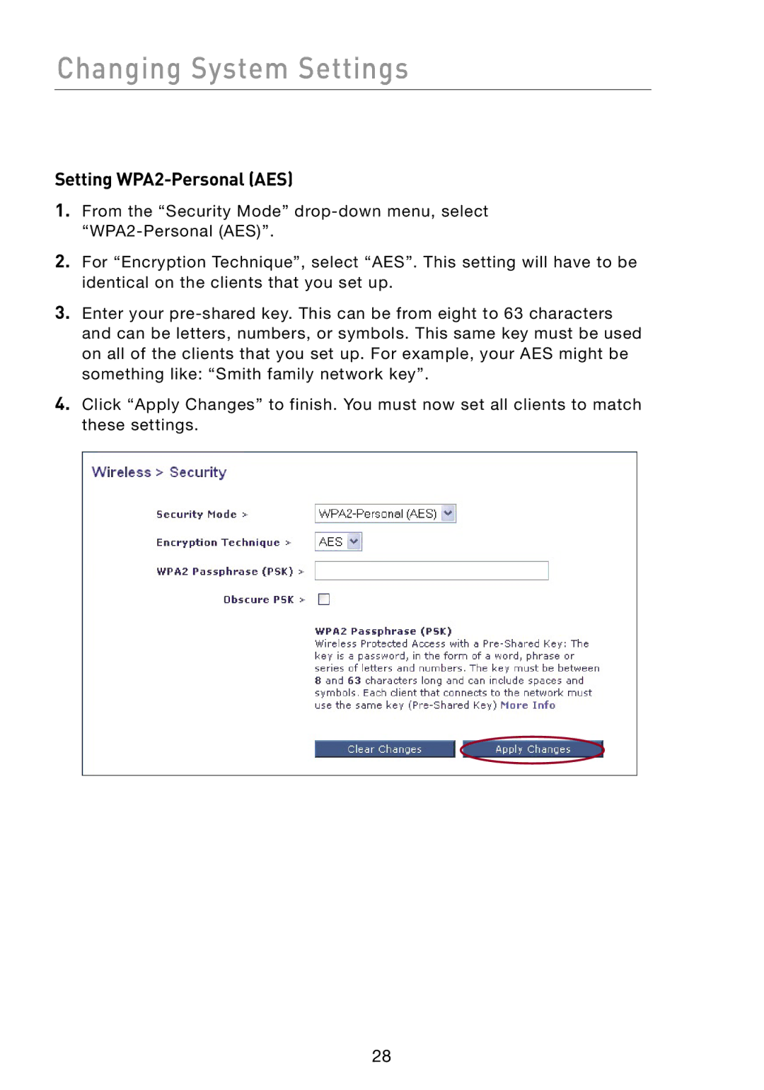 Belkin F5D7330 manual Changing System Settings, Setting WPA2-Personal AES 