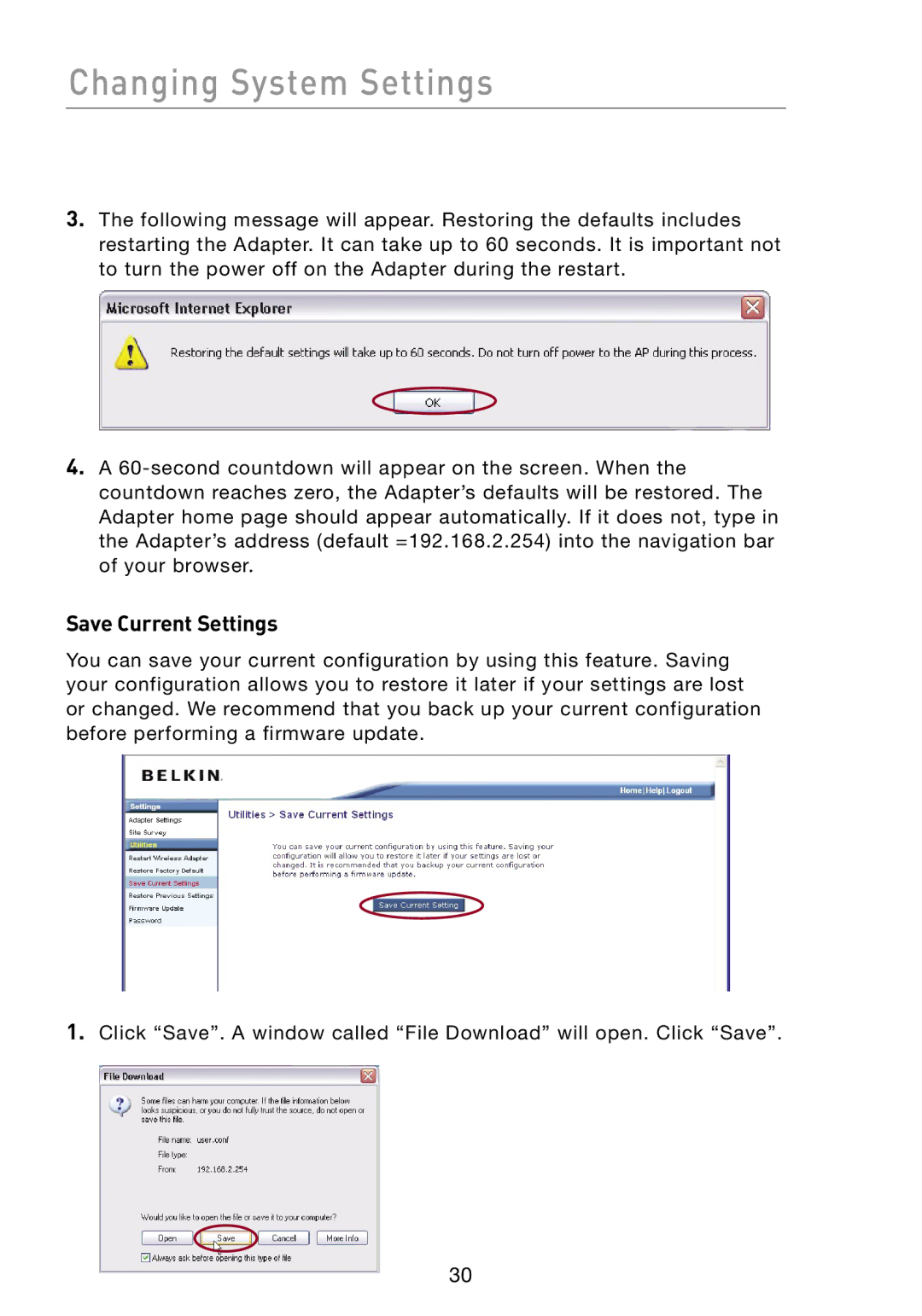Belkin F5D7330 manual Save Current Settings 