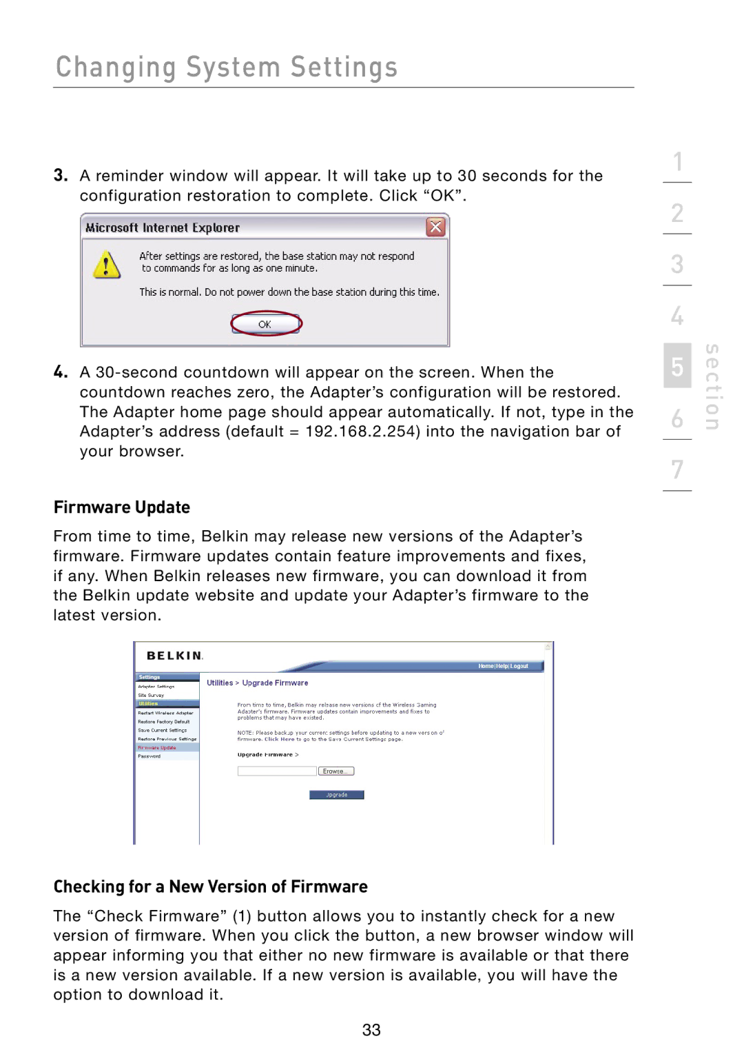 Belkin F5D7330 manual Firmware Update, Checking for a New Version of Firmware 