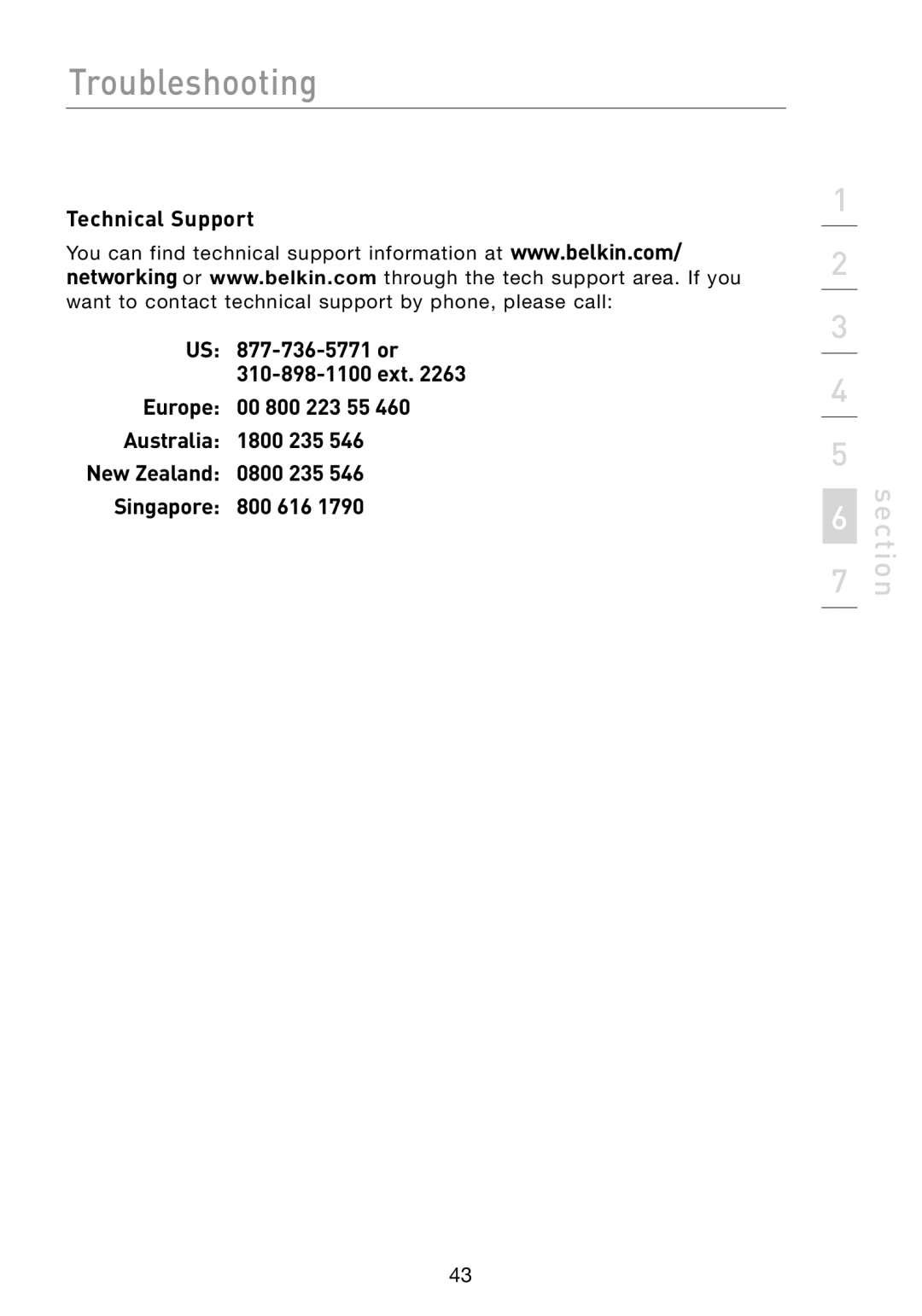 Belkin F5D7330 manual Technical Support, US 877-736-5771 or 310-898-1100 ext 