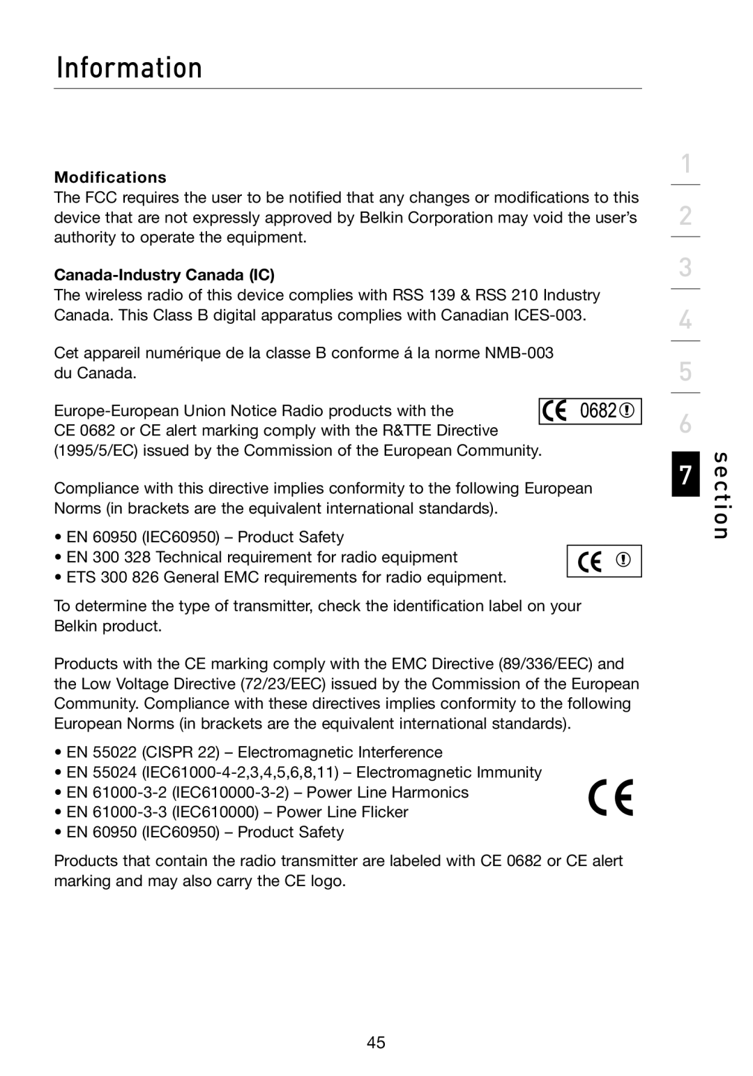 Belkin F5D7330 manual Modifications, Canada-Industry Canada IC 