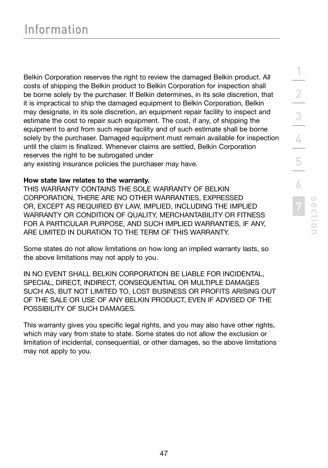 Belkin F5D7330 manual How state law relates to the warranty 