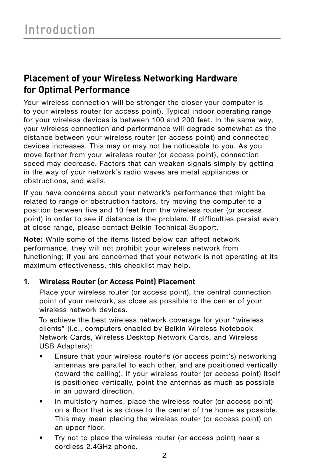 Belkin F5D7330 manual Introduction, Wireless Router or Access Point Placement 