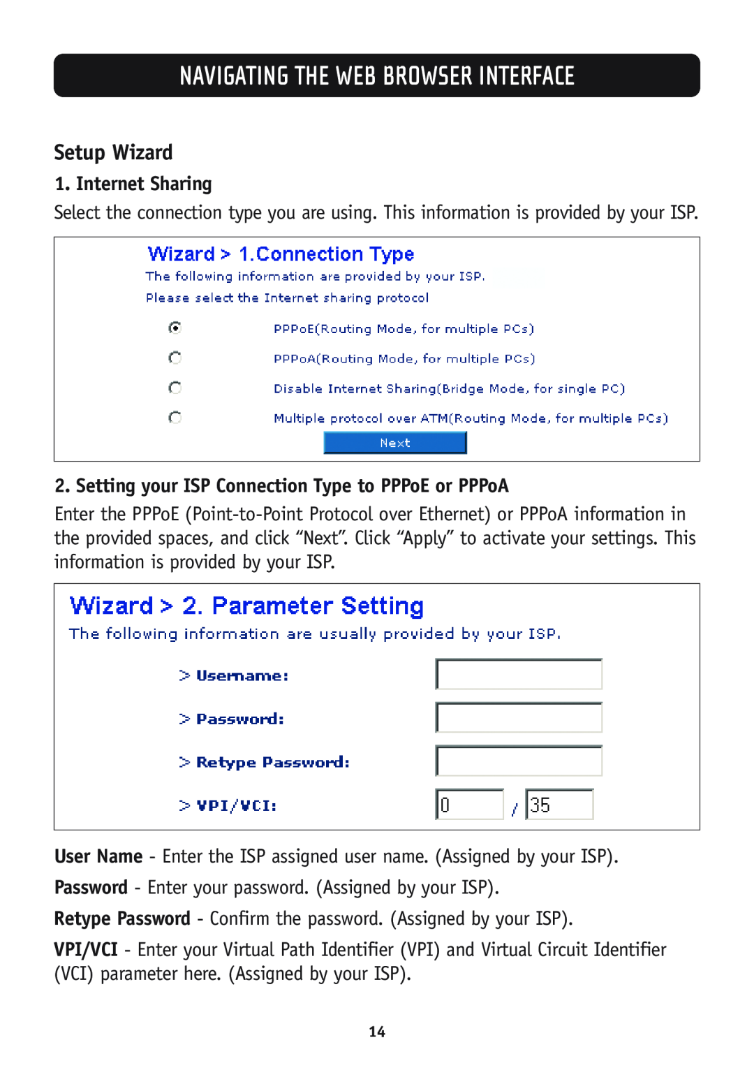 Belkin F5D7630-4A, F5D7630-4B user manual Navigating The Web Browser Interface, Setup Wizard, Internet Sharing 