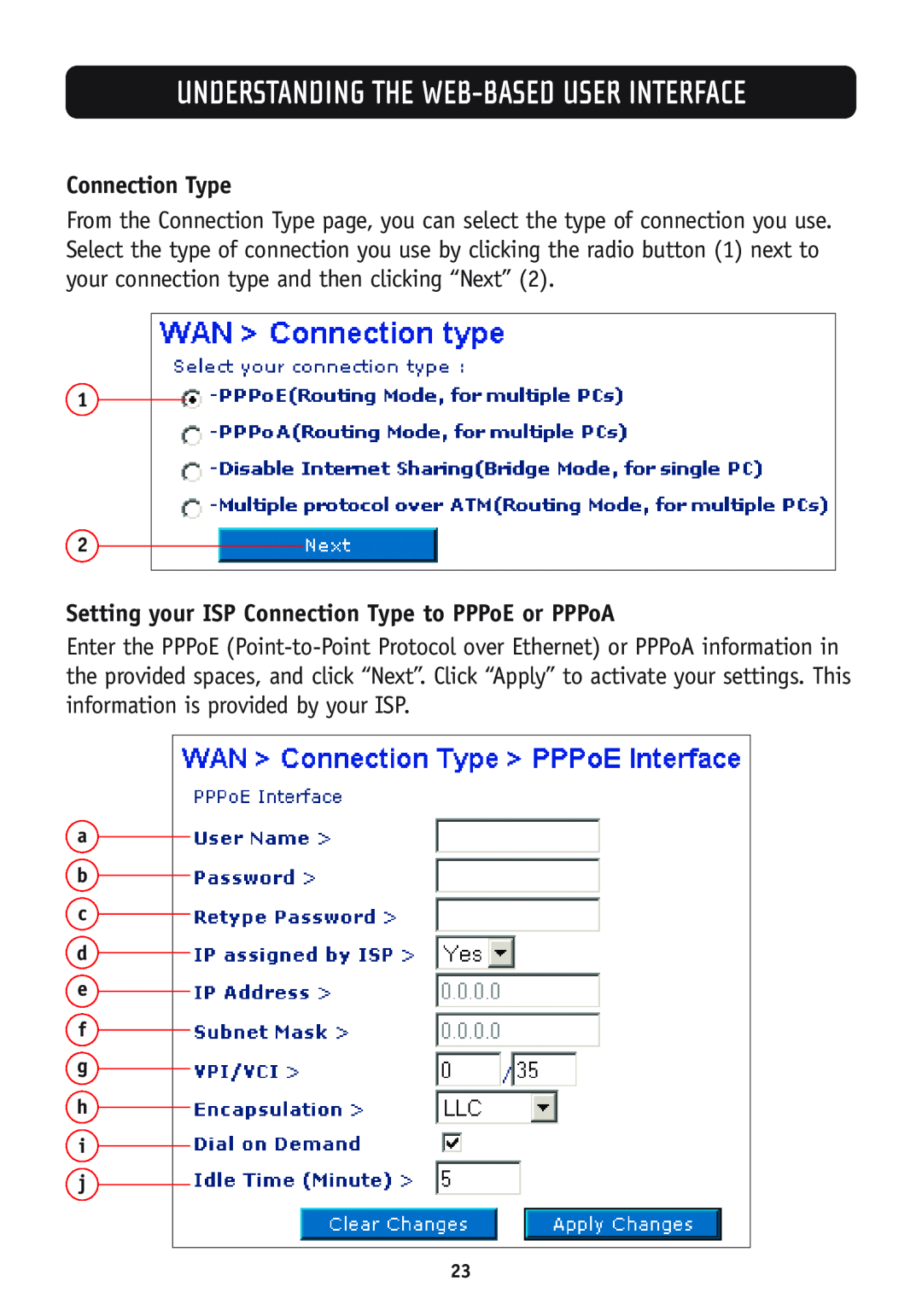Belkin F5D7630-4B Setting your ISP Connection Type to PPPoE or PPPoA, Understanding The Web-Based User Interface 