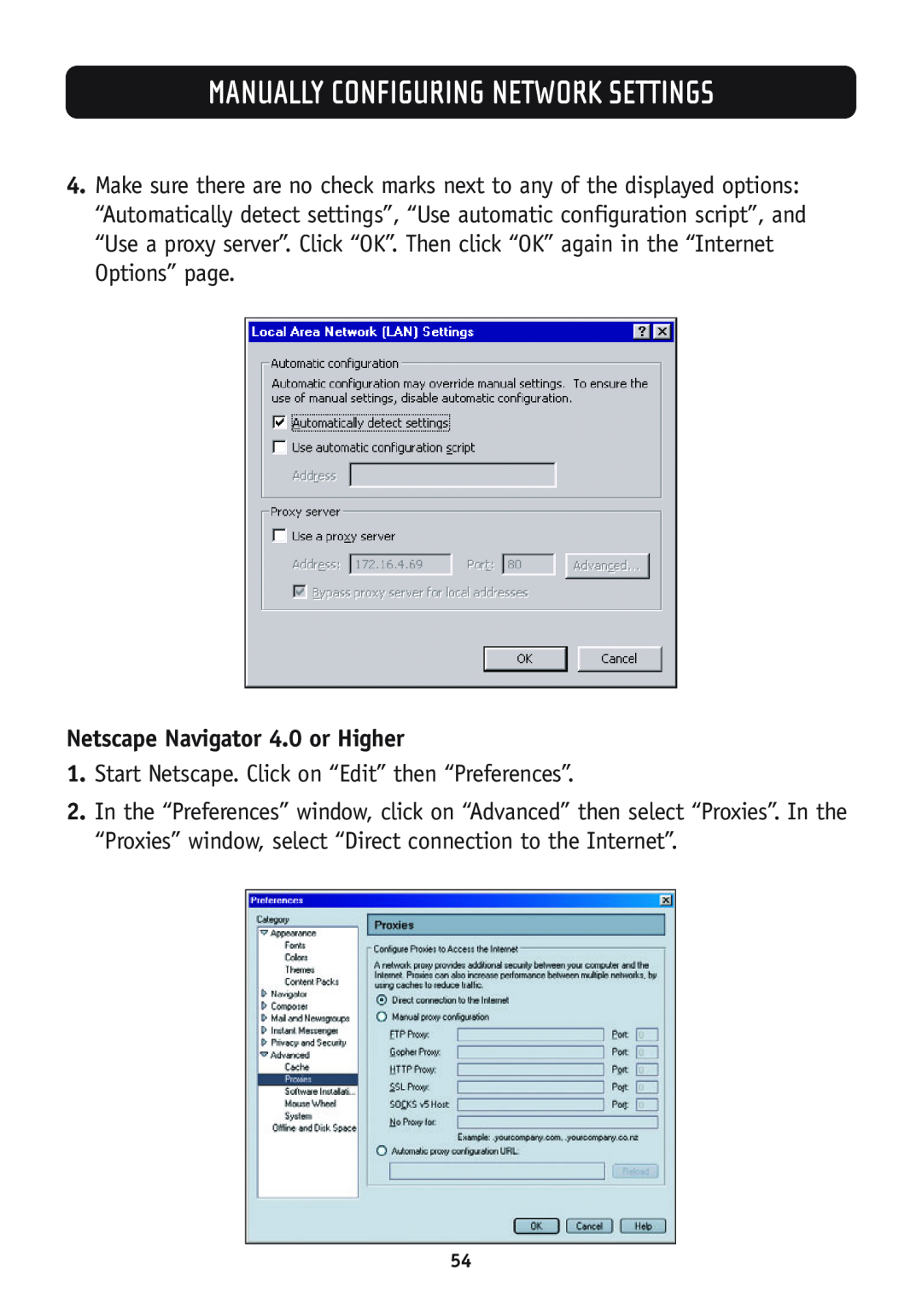 Belkin F5D7630-4A, F5D7630-4B user manual Netscape Navigator 4.0 or Higher, Manually Configuring Network Settings 