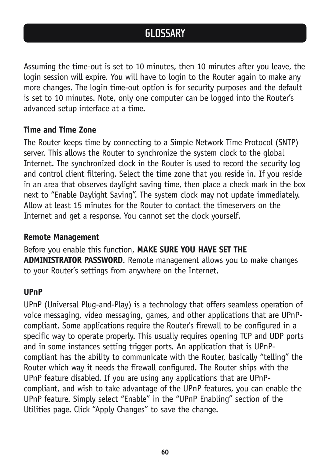 Belkin F5D7630-4A, F5D7630-4B user manual Time and Time Zone, Remote Management, UPnP, Glossary 