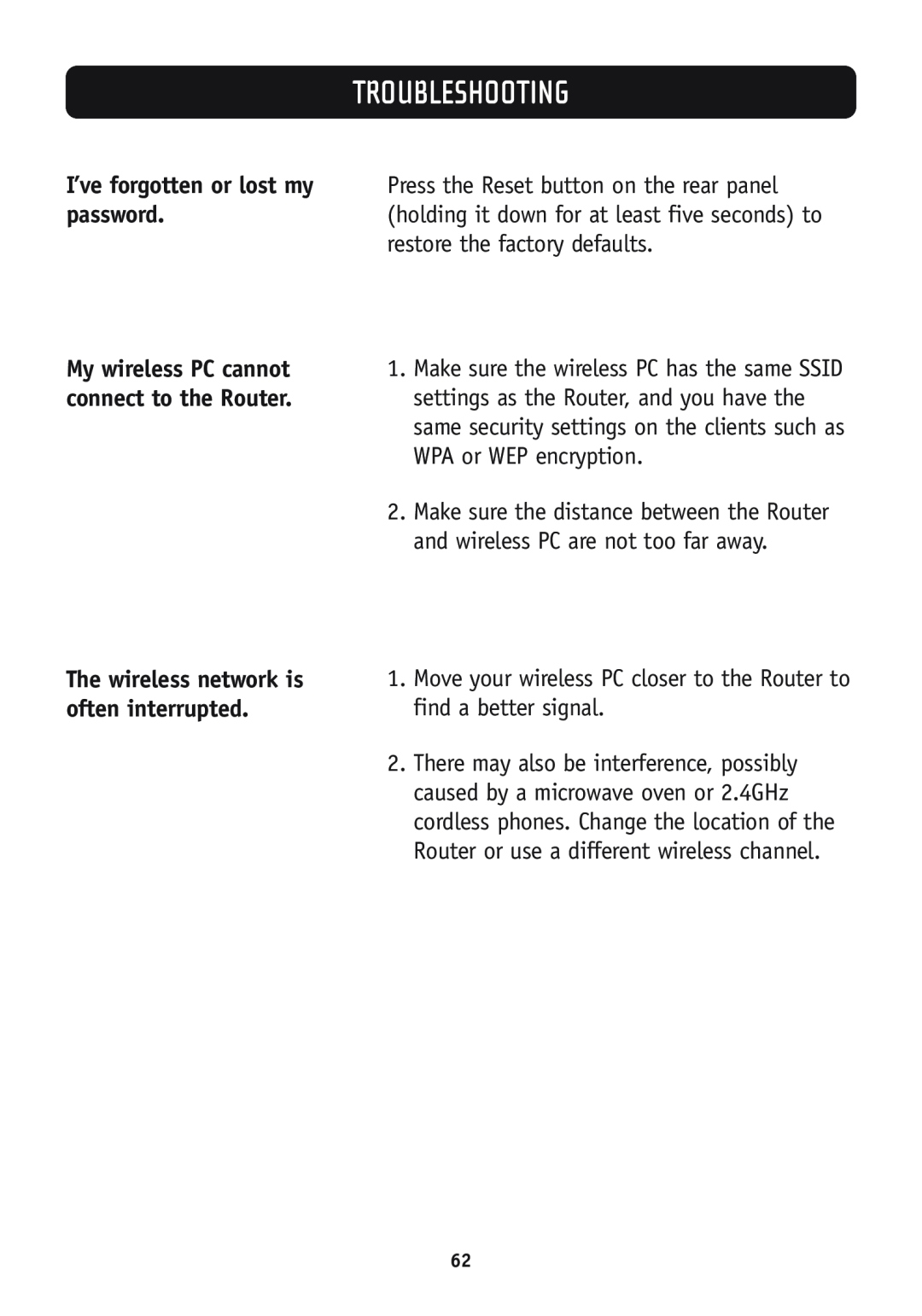 Belkin F5D7630-4A, F5D7630-4B user manual My wireless PC cannot, connect to the Router, Troubleshooting 