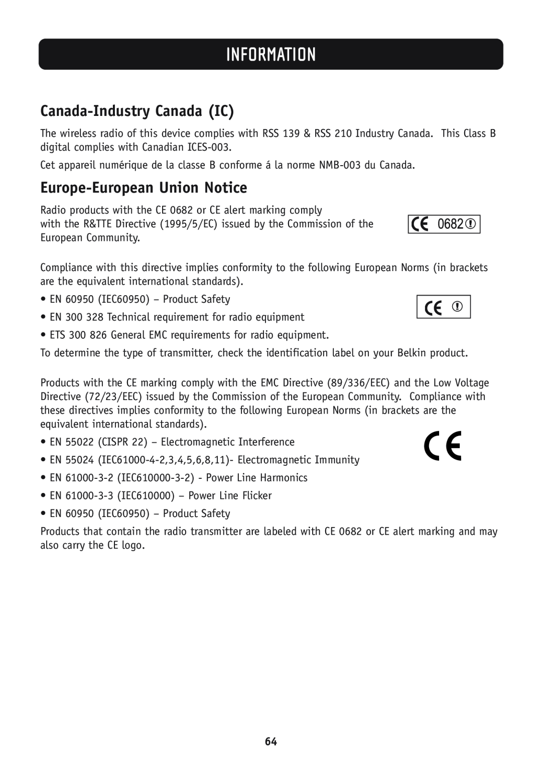Belkin F5D7630-4A, F5D7630-4B user manual Canada-Industry Canada IC, Europe-European Union Notice, Information 