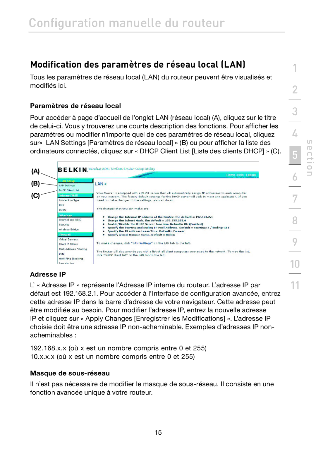 Belkin F5D7632EA4A user manual Modification des paramètres de réseau local LAN, Paramètres de réseau local, Adresse IP 