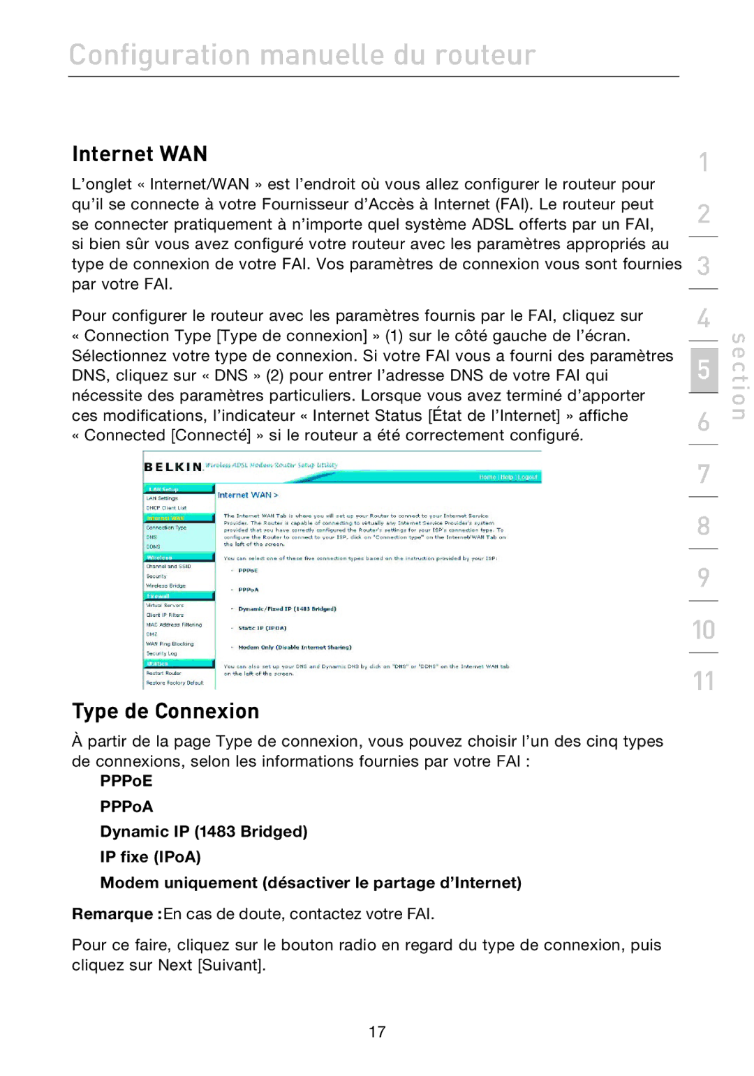 Belkin F5D7632EA4A user manual Internet WAN, Type de Connexion 