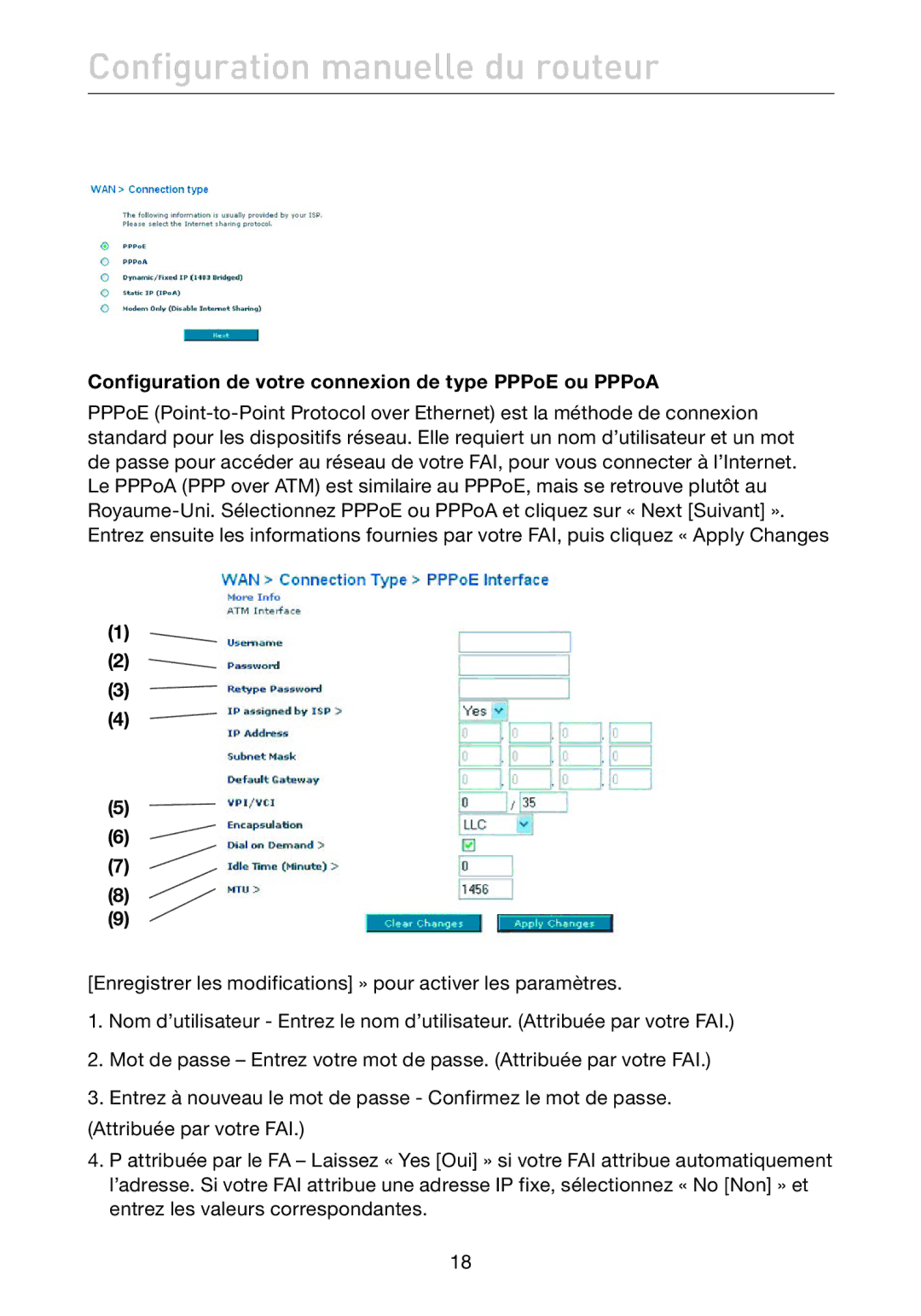 Belkin F5D7632EA4A user manual Configuration de votre connexion de type PPPoE ou PPPoA 