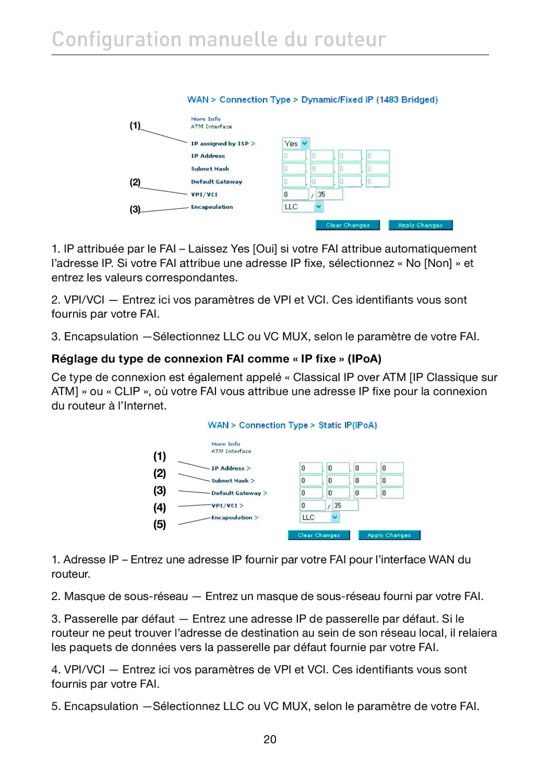 Belkin F5D7632EA4A user manual Réglage du type de connexion FAI comme « IP fixe » IPoA 