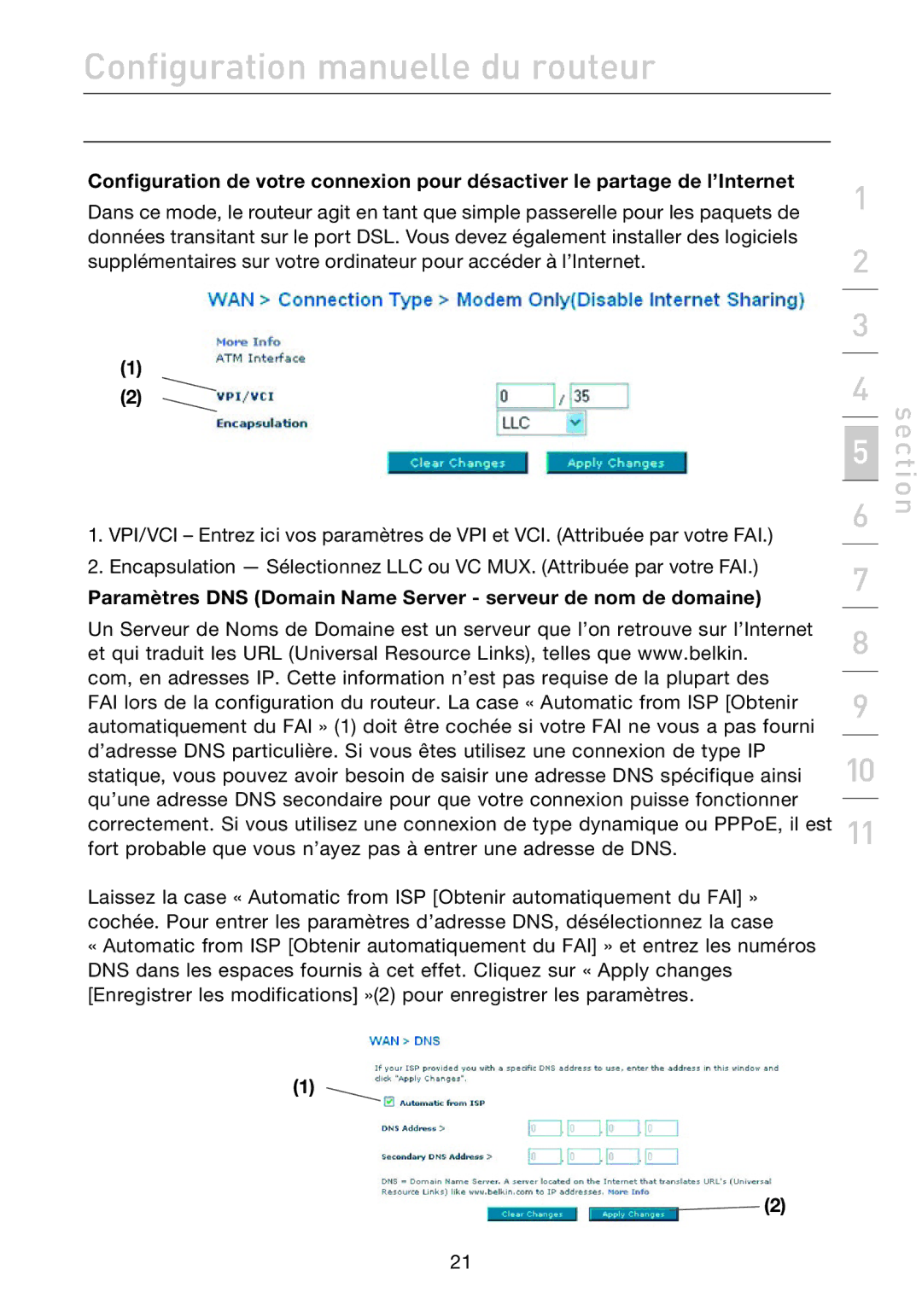 Belkin F5D7632EA4A user manual Paramètres DNS Domain Name Server serveur de nom de domaine 