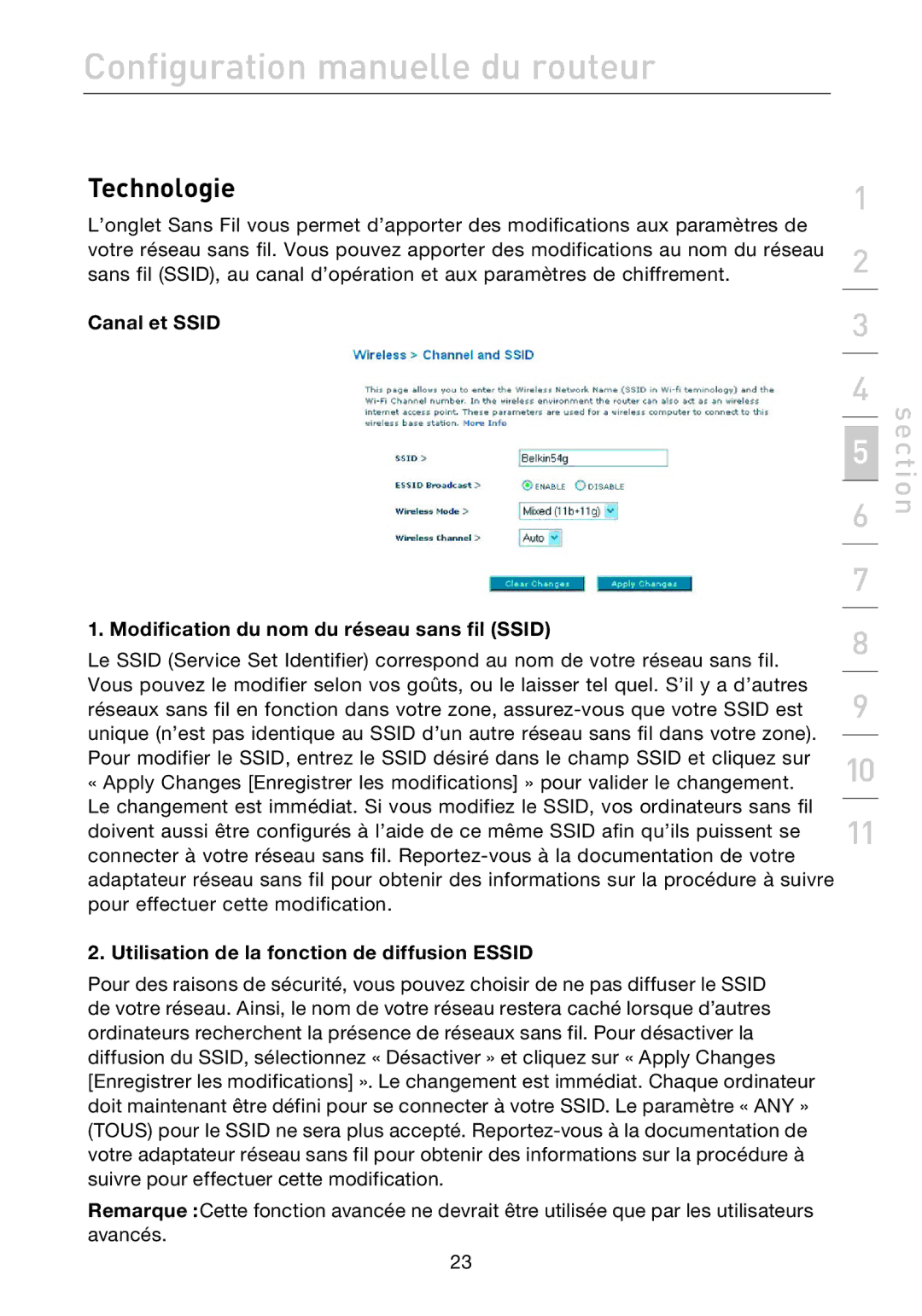 Belkin F5D7632EA4A user manual Technologie, Canal et Ssid Modification du nom du réseau sans fil Ssid 