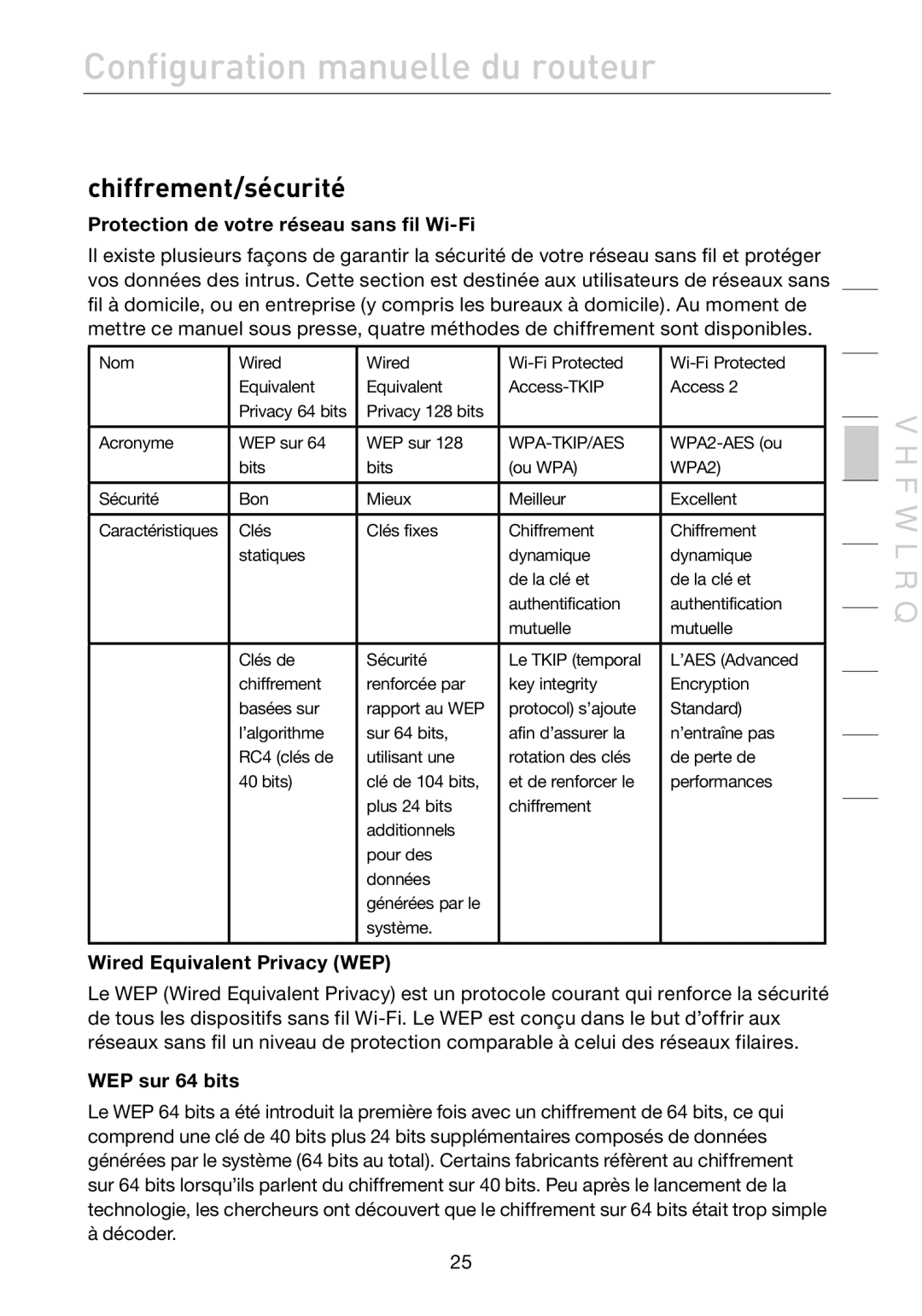 Belkin F5D7632EA4A user manual Chiffrement/sécurité, Protection de votre réseau sans fil Wi-Fi, WEP sur 64 bits 