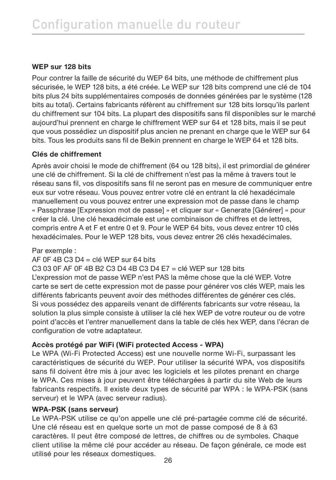 Belkin F5D7632EA4A user manual WEP sur 128 bits, Clés de chiffrement, Accès protégé par WiFi WiFi protected Access WPA 